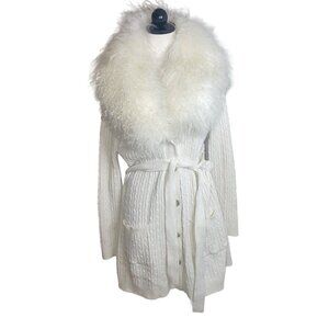 Michael Kors Womens Cardigan Size XL Cream Belt Long Line Cable Knit New